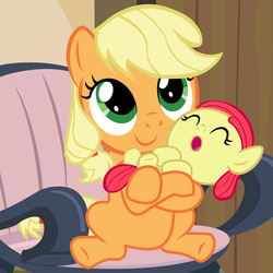 Size: 5760x5760 | Tagged: safe, artist:beavernator, apple bloom, applejack, earth pony, pony, g4, absurd resolution, adorabloom, baby, baby apple bloom, baby pony, cute, female, filly, filly applejack, foal, holding a pony, jackabetes, sisters, smiling, vector, younger