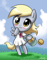 Size: 700x893 | Tagged: safe, artist:johnjoseco, derpy hooves, pony, semi-anthro, g4, :t, anime, basket, bipedal, blushing, clothes, cute, derpabetes, dress, female, grass, looking at you, muffin, smiling, solo, wavy mouth