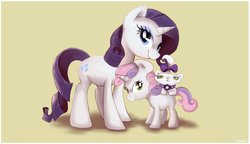 Size: 1179x677 | Tagged: safe, artist:pepooni, opalescence, rarity, sweetie belle, cat, pony, g4, cute, diasweetes, looking at you, opalbetes, opalescence riding sweetie belle, raribetes, riding, smiling