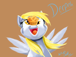 Size: 1600x1200 | Tagged: safe, artist:ac-whiteraven, derpy hooves, pegasus, pony, g4, female, happy, mare, muffin, solo