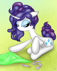 Size: 800x985 | Tagged: safe, artist:ketrin0cat, rarity, pony, g4, alternate hairstyle, fabric, female, pencil, simple background, solo