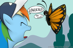 Size: 1220x807 | Tagged: safe, artist:xhazard78x, rainbow dash, butterfly, g4, coaching cap, hat, louder