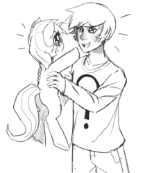 Size: 878x1050 | Tagged: safe, artist:mewball, lyra heartstrings, human, pony, unicorn, g4, butt, clothes, cute, filly, holding a pony, incoming hug, lyrabetes, monochrome, pants, plot