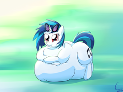 Size: 1500x1125 | Tagged: safe, artist:c-adepsy, dj pon-3, vinyl scratch, g4, belly, belly bed, chubby cheeks, fat, impossibly large belly, morbidly obese, obese, vinyl fat, wrong eye color, wub-tub