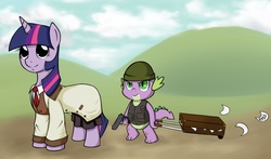 Size: 1280x752 | Tagged: safe, artist:psychoticmindsystem, spike, twilight sparkle, g4, bookworm, cosplay, gun, read or die, yomiko readman