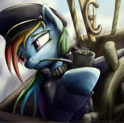 Size: 1283x1272 | Tagged: safe, artist:rule1of1coldfire, rainbow dash, pegasus, pony, g4, airship, clothes, coat, female, hat, hoof hold, mare, officer's hat, pipe, rainbow dash always dresses in style, smiling, smoking, solo, sweater, turtleneck, uniform