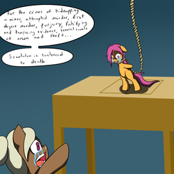 Size: 800x800 | Tagged: safe, artist:jake heritagu, scootaloo, oc, pegasus, pony, comic:ask motherly scootaloo, g4, abuse, crying, execution, gallows, hanging (by neck), imminent death, motherly scootaloo, noose, scootabuse, scootasad