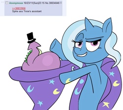 Size: 666x599 | Tagged: safe, artist:klondike, spike, trixie, dragon, pony, unicorn, g4, amused, bipedal, bunny out of the hat, butt, dragonbutt, evil smile, female, lidded eyes, mare, misspelling
