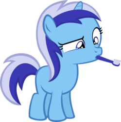 Size: 598x600 | Tagged: safe, minuette, pony, unicorn, g4, confused, filly, filly minuette, mouth hold, simple background, toothbrush, transparent background