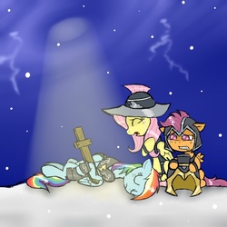 Size: 800x800 | Tagged: dead source, safe, artist:ichibangravity, commander hurricane, fluttershy, private pansy, rainbow dash, scootaloo, pegasus, pony, g4, armor, crying, death, playing dead, roleplaying, snow, snowfall, wooden sword