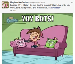 Size: 499x424 | Tagged: safe, bats!, g4, april fools, couch, eyes closed, meghan mccarthy, open mouth, remote, sitting, smiling, text, the fairly oddparents, timmy turner, twitter
