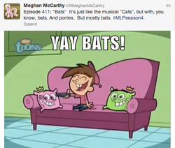 Size: 499x424 | Tagged: safe, oc, oc:meghan mccarthy, bats!, g4, my little pony: friendship is magic, april fools, couch, eyes closed, meghan mccarthy, open mouth, remote, sitting, smiling, text, the fairly oddparents, timmy turner, twitter