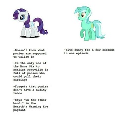 Size: 622x601 | Tagged: safe, lyra heartstrings, rarity, g4, comparison, text