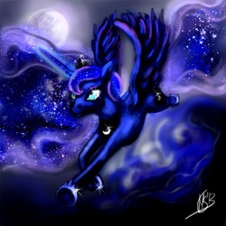 Size: 750x750 | Tagged: safe, artist:gypsyworld, princess luna, pony, g4, female, flying, moon, solo