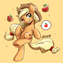 Size: 500x500 | Tagged: safe, artist:rojek-kor, applejack, earth pony, pony, g4, apple, bipedal, blush sticker, blushing, cute, food, jackabetes, one eye closed, pictogram, smiling, solo, speech bubble, wink