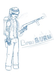 Size: 4000x5500 | Tagged: safe, artist:devious-stylus, artist:sky bound, braeburn, earth pony, anthro, g4, cowboy hat, fanfic, flamethrower, hat, headcanon, looking at you, male, mercenary, solo, stetson, weapon