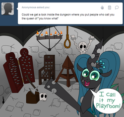 Size: 1280x1205 | Tagged: safe, artist:jay muniz, queen chrysalis, ask crinkle bottom chrysalis, g4, ask, axe, dead, dungeon, iron maiden, noose, skeleton, skull, tumblr