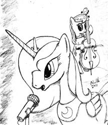 Size: 800x932 | Tagged: dead source, safe, artist:nullh, octavia melody, princess luna, g4, microphone, monochrome, s1 luna, singling