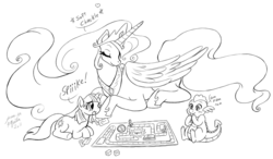 Size: 970x565 | Tagged: safe, artist:jenasu, princess celestia, spike, twilight sparkle, g4, board game, momlestia, monochrome, younger