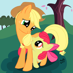 Size: 1000x991 | Tagged: dead source, safe, artist:nullh, apple bloom, applejack, g4