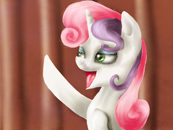 Size: 800x600 | Tagged: safe, artist:agussska, sweetie belle, pony, unicorn, g4, female, open mouth, raised hoof, solo