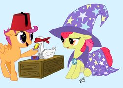 Size: 1000x715 | Tagged: dead source, safe, artist:nullh, apple bloom, scootaloo, g4, cape, card, clothes, fez, hat, magic, tommy cooper