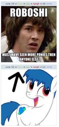 Size: 266x566 | Tagged: safe, oc, oc only, oc:roboshi, derpibooru, g4, conspiracy keanu, exploitable meme, i didn't listen, image macro, juxtaposition, juxtaposition win, meme, meta, roboshi (user)