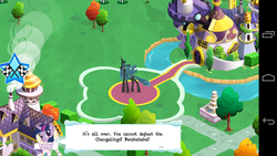 Size: 1280x720 | Tagged: safe, gameloft, queen chrysalis, twilight sparkle, android, changeling, changeling queen, g4, error, female, game screencap, glitch, speech bubble, tyrant sparkle