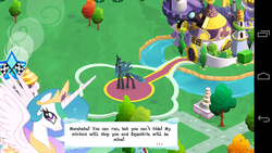 Size: 1280x720 | Tagged: safe, gameloft, princess celestia, queen chrysalis, rainbow dash, alicorn, changeling, changeling queen, pony, g4, error, female, game screencap, glitch, mare, speech bubble, tyrant celestia