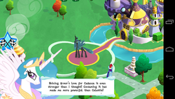 Size: 1280x720 | Tagged: safe, gameloft, princess celestia, queen chrysalis, rainbow dash, android, changeling, changeling queen, g4, error, female, game screencap, glitch, speech bubble, text, tyrant celestia
