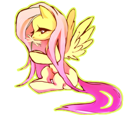 Size: 850x793 | Tagged: safe, artist:malabee, fluttershy, g4, belly button, color outline, flower, full body, outline, side view, simple background, sitting, solo, spread wings, transparent background, wings