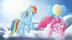 Size: 1600x900 | Tagged: safe, artist:nerow94, pinkie pie, rainbow dash, g4, balloon, then watch her balloons lift her up to the sky