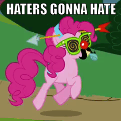 Size: 240x240 | Tagged: safe, edit, edited screencap, screencap, pinkie pie, earth pony, pony, g4, griffon the brush off, animated, arrow through hat, artifact, caption, female, gif, haters gonna hate, image macro, mare, meme, party horn, reaction image, solo, text
