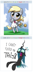 Size: 263x567 | Tagged: safe, artist:johnjoseco, derpy hooves, queen chrysalis, pegasus, pony, derpibooru, g4, cute, exploitable meme, female, juxtaposition, juxtaposition win, mare, meta, muffin