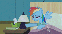 Size: 400x225 | Tagged: safe, screencap, rainbow dash, pegasus, pony, g4, read it and weep, season 2, animated, bandage, bed, bored, female, floppy ears, hospital, hospital bed, hospital gown, hub logo, lamp, lidded eyes, light, light switch, loop, off, on, solo, switch