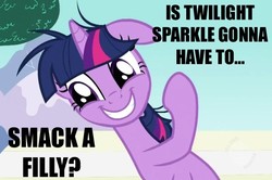 Size: 701x466 | Tagged: safe, edit, edited screencap, screencap, twilight sparkle, pony, g4, lesson zero, abuse, bench, chappelle's show, female, foal abuse, image macro, meme, reaction image, smiling, solo, text, wayne brady