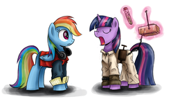 Size: 1000x575 | Tagged: dead source, safe, artist:xioade, rainbow dash, twilight sparkle, g4, back to the future, clothes, crossover, doc brown, headphones, magic, magic aura, marty mcfly, shirt, simple background, vest, vial, white background