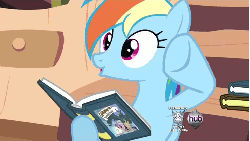 Size: 496x280 | Tagged: safe, screencap, rainbow dash, pony, a friend in deed, g4, animated, book, derp, female, golden oaks library, hub logo, loop, solo, spinning eyes