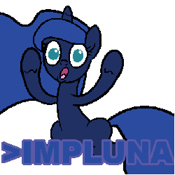 Size: 425x411 | Tagged: safe, artist:derkrazykraut, edit, princess luna, pony, g4, air quotes, animated, female, implying, implyra, recolor, simple background, solo, text, transparent background