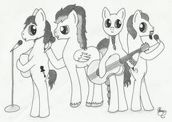 Size: 1786x1272 | Tagged: safe, artist:hiry, oc, oc only, oc:dark star, earth pony, pegasus, pony, band, bipedal, guital, guitar, male, monochrome, musical instrument, stallion