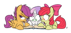 Size: 1800x850 | Tagged: safe, artist:glancojusticar, apple bloom, scootaloo, sweetie belle, earth pony, pegasus, pony, unicorn, g4, book, cutie mark crusaders, reading, simple background, tongue out, white background