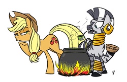 Size: 1300x850 | Tagged: safe, artist:glancojusticar, applejack, zecora, zebra, g4, cauldron, fire, suspicious