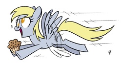 Size: 1300x700 | Tagged: safe, artist:glancojusticar, derpy hooves, pegasus, pony, g4, female, flying, mare, muffin, simple background, white background