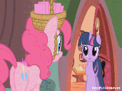 Size: 512x384 | Tagged: safe, screencap, pinkie pie, twilight sparkle, g4, party of one, animated, basket, basket hat, duo, female, gifsforum.com, hat, wrong aspect ratio, zoom