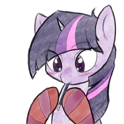 Size: 1000x1000 | Tagged: safe, artist:thattagen, twilight sparkle, pony, g4, clothes, female, pocky, socks, sockypockytwi, solo, striped socks