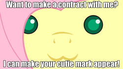 Size: 1280x720 | Tagged: safe, fluttershy, g4, caption, colored pupils, incubator (species), kyubey, kyubeyshy, puella magi madoka magica, voice actor joke