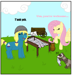 Size: 522x549 | Tagged: safe, artist:tamarapeluso, fluttershy, oc, oc:bluenose, earth pony, ferret, fish, pegasus, pony, g4, dead, eating, female, mare, predation