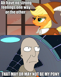 Size: 625x777 | Tagged: safe, applejack, smart cookie, earth pony, pony, g4, accent, female, futurama, image macro, impact font, male, mare, neutral planet ambassador, that's my x