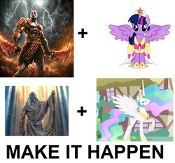 Size: 895x835 | Tagged: safe, princess celestia, twilight sparkle, alicorn, pony, g4, exploitable meme, female, god of war, kratos, make it happen, mare, twilight sparkle (alicorn), zeus