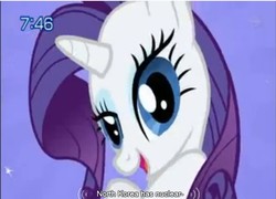 Size: 639x461 | Tagged: safe, screencap, rarity, pony, friendship is magic, g4, cropped, female, hilarious in hindsight, north korea, nuclear weapon, solo, weapon, youtube caption